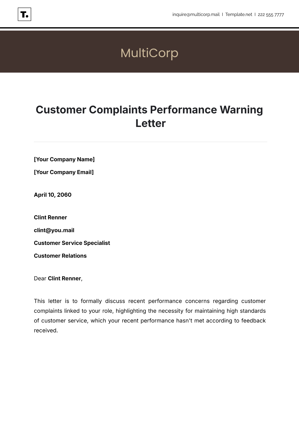 Customer Complaints Performance Warning Letter Template