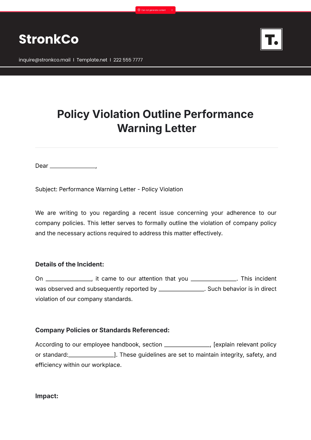 Policy Violation Outline Performance Warning Letter Template