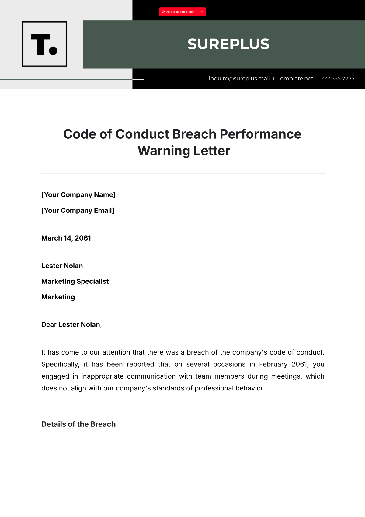 Code of Conduct Breach Performance Warning Letter Template