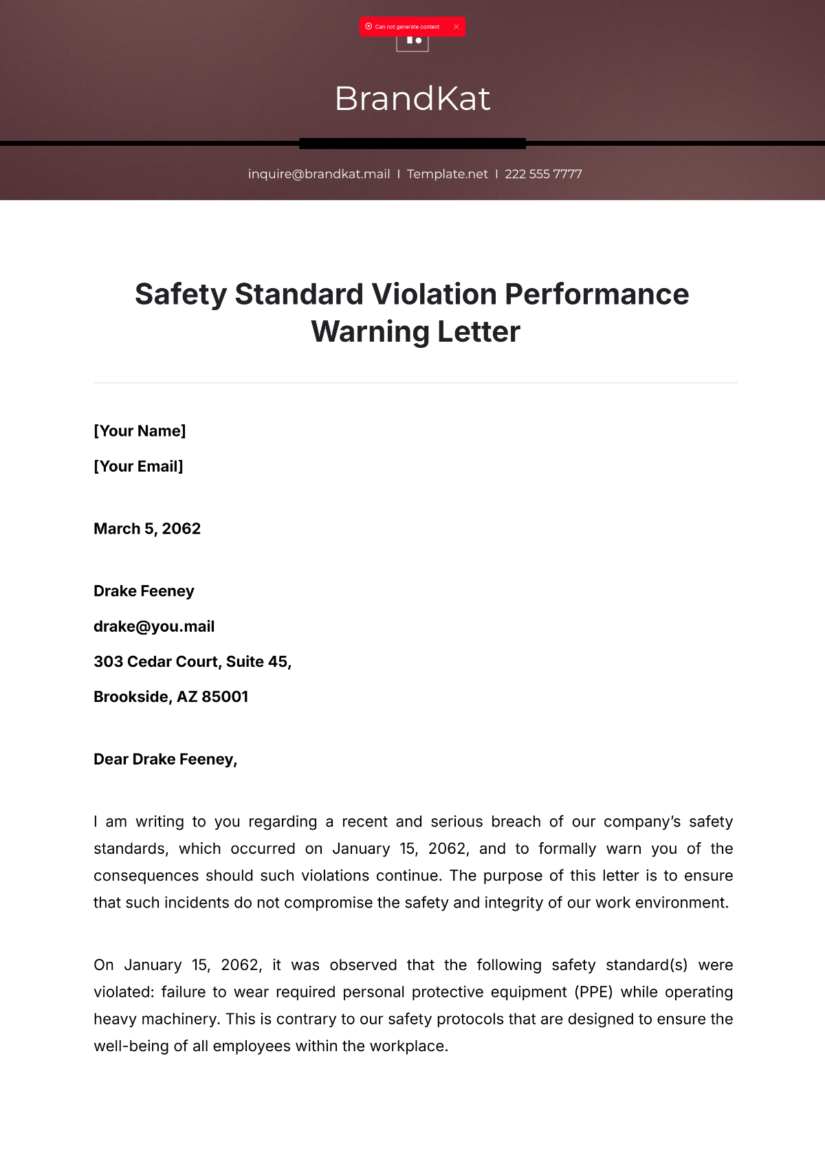 Safety Standard Violation Performance Warning Letter Template - Edit Online & Download