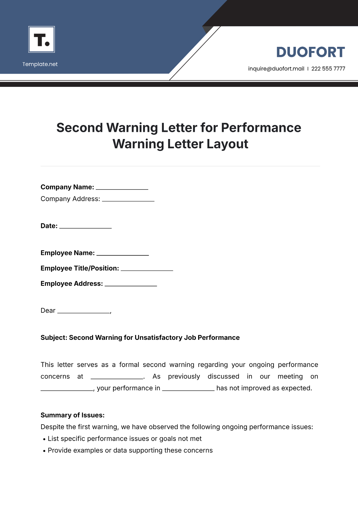 Second Warning Letter for Performance Warning Letter Layout Template