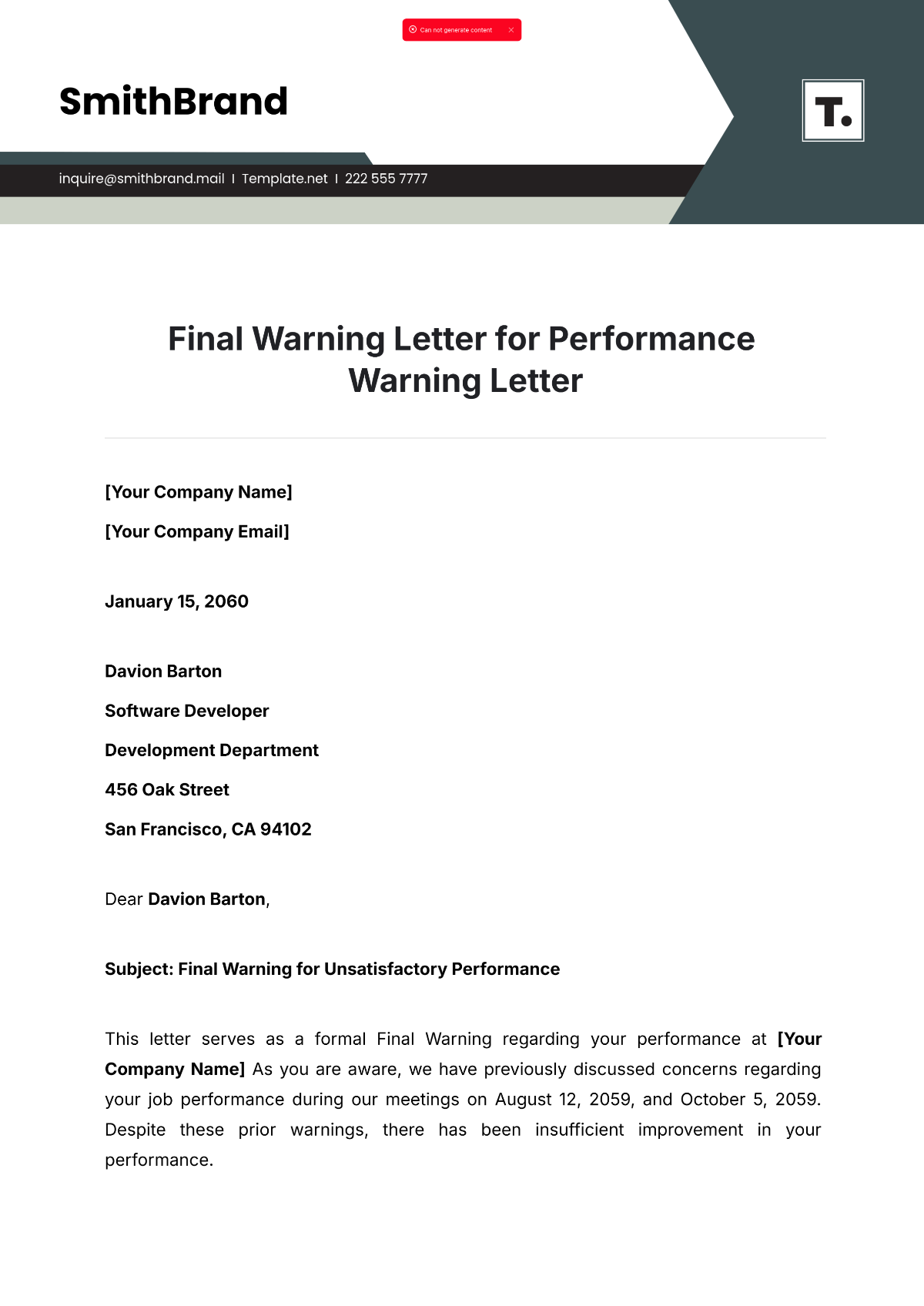 Final Warning Letter for Performance Warning Letter Template - Edit Online & Download