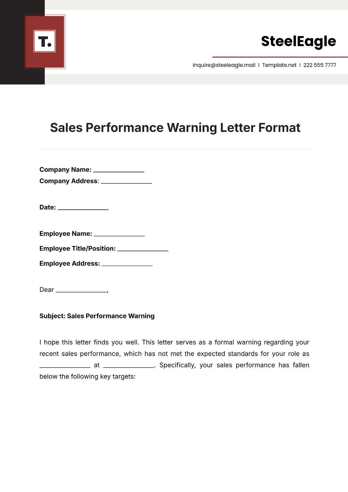 Sales Performance Warning Letter Format Template - Edit Online & Download