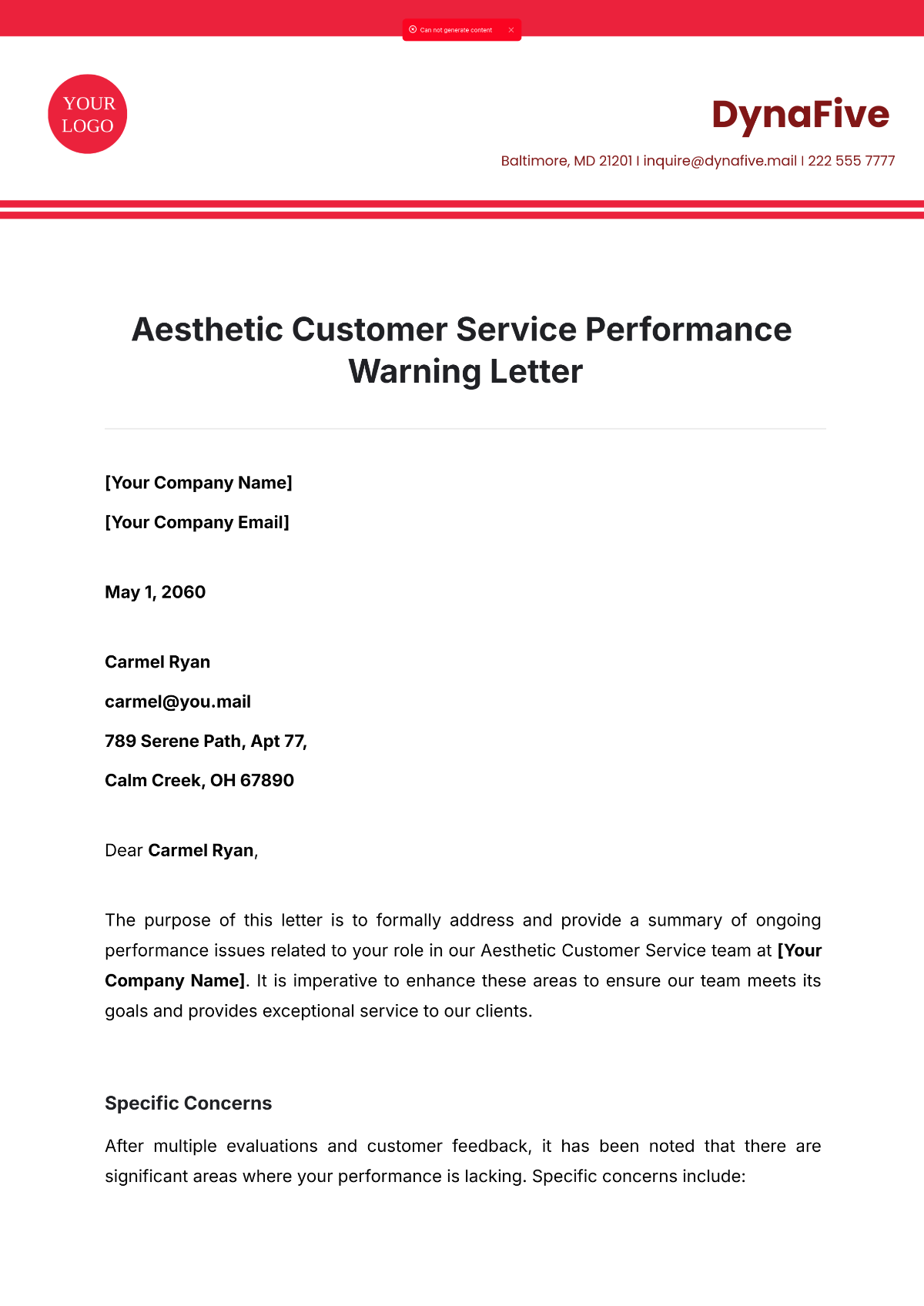 Aesthetic Customer Service Performance Warning Letter Template - Edit Online & Download