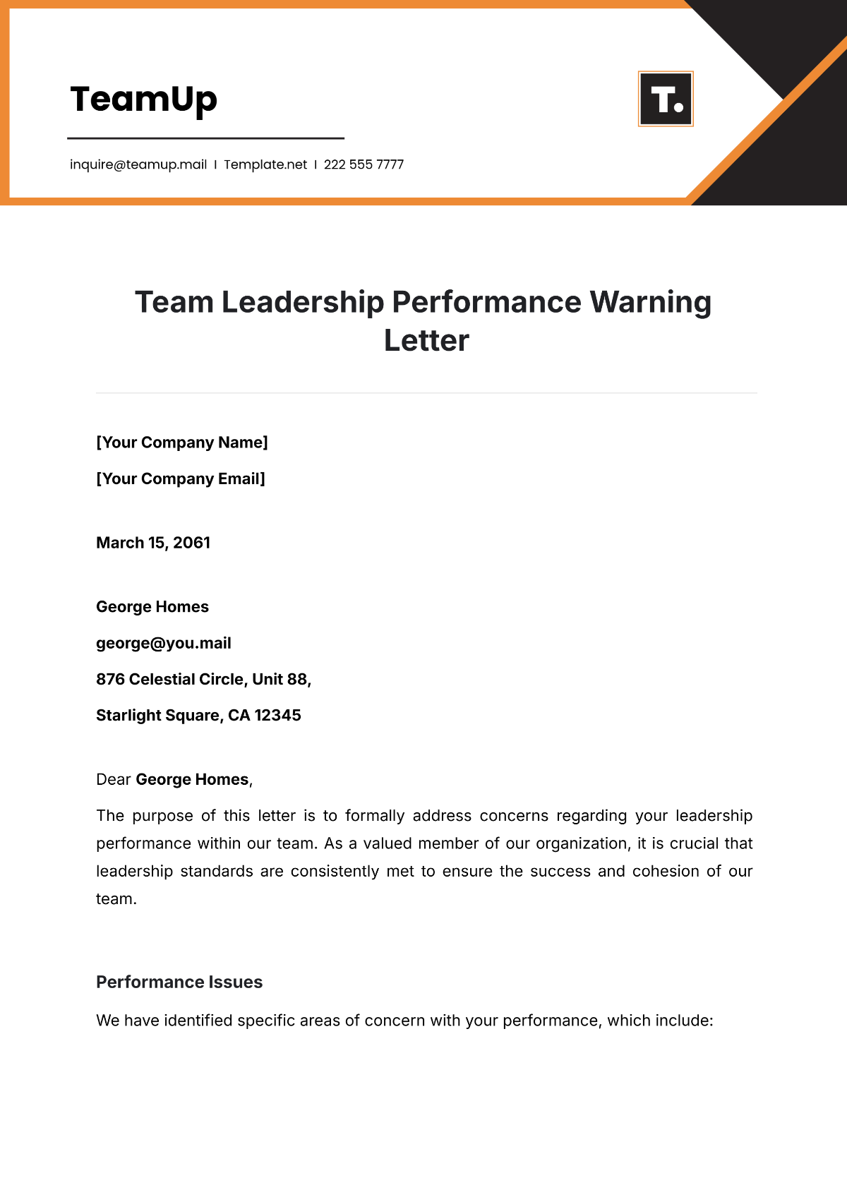 Team Leadership Performance Warning Letter Design Template - Edit Online & Download