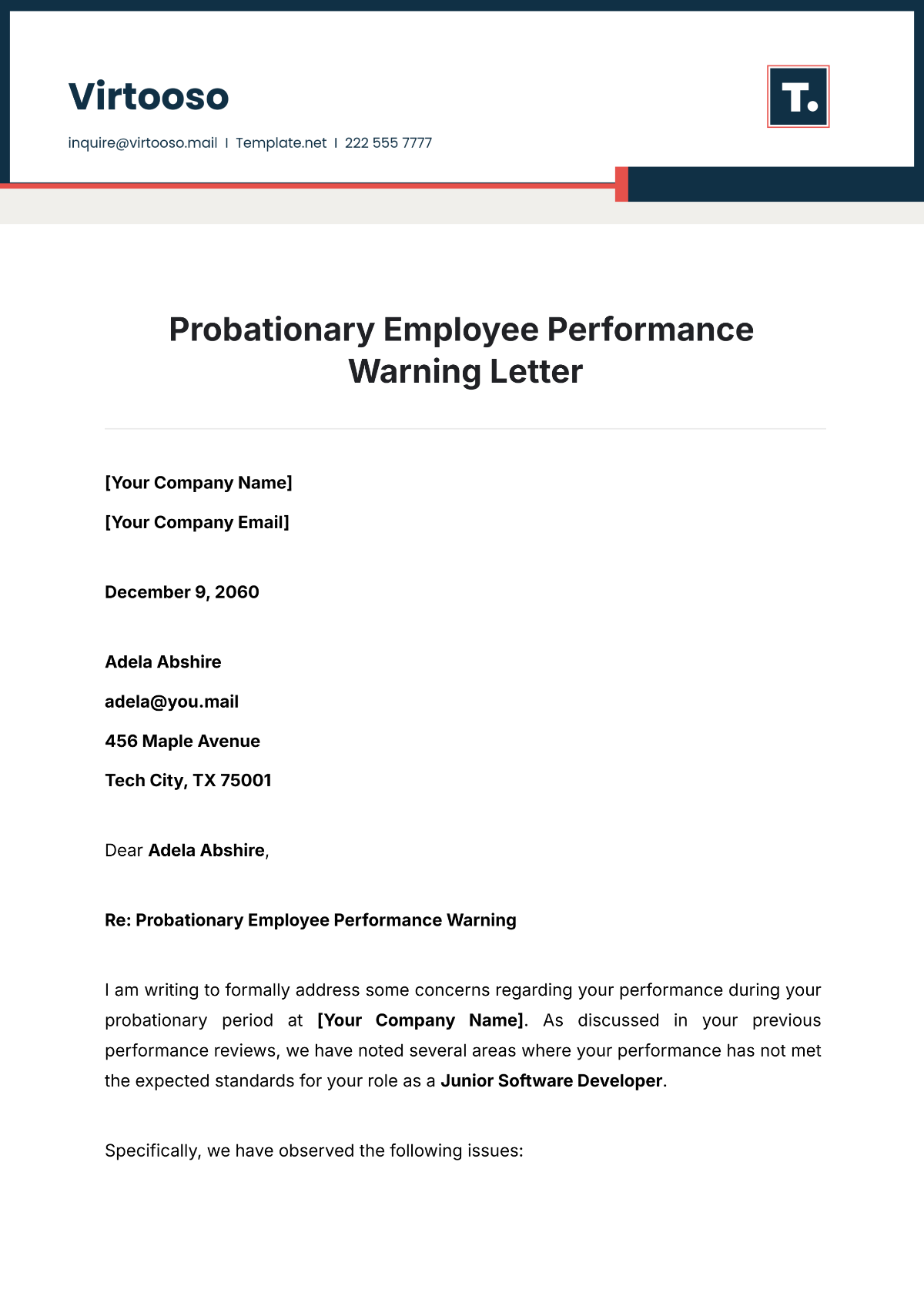 Probationary Employee Performance Warning Letter Template - Edit Online & Download