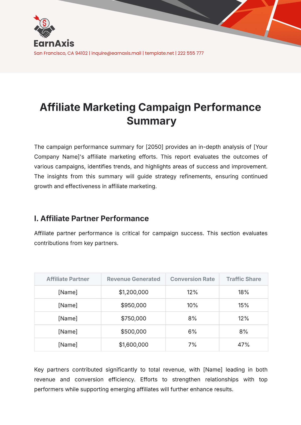 Affiliate Marketing Campaign Performance Summary Template - Edit Online & Download