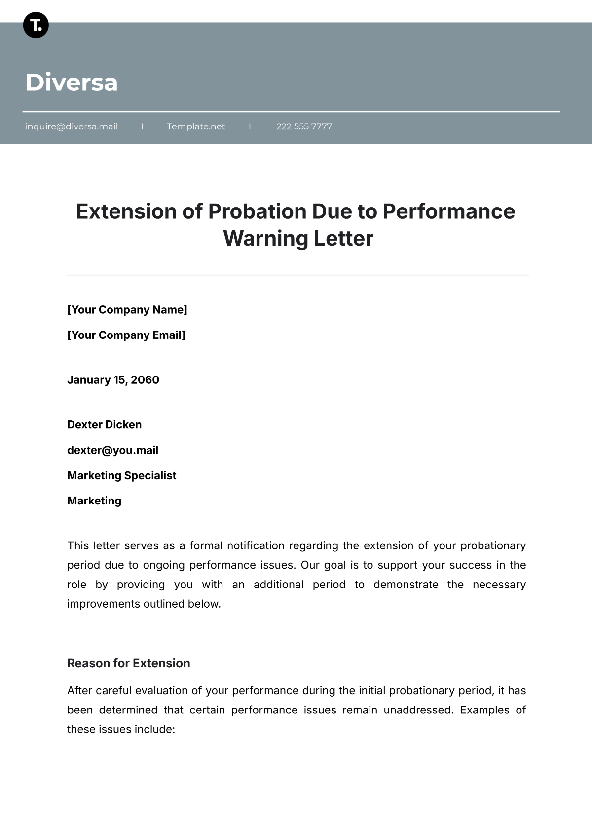 Extension of Probation Due to Performance Warning Letter Template - Edit Online & Download