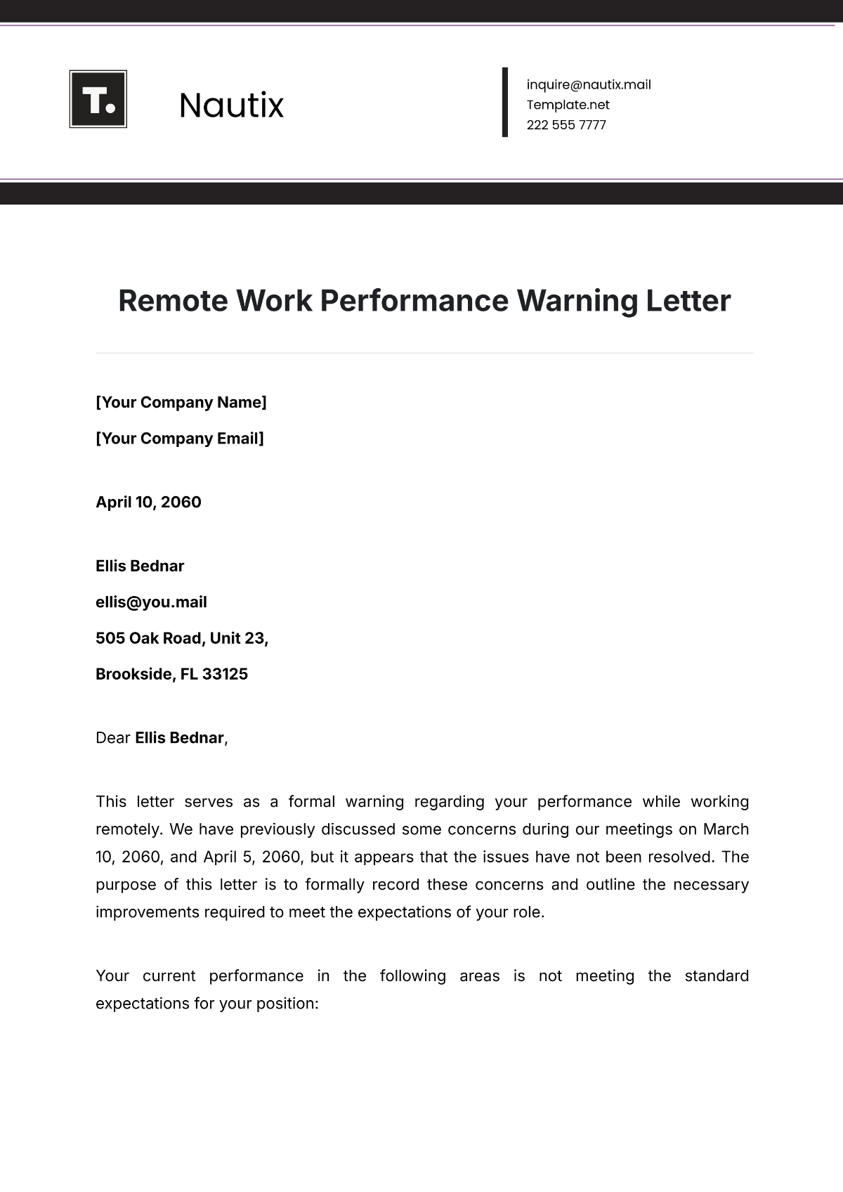 Remote Work Performance Warning Letter Template - Edit Online & Download