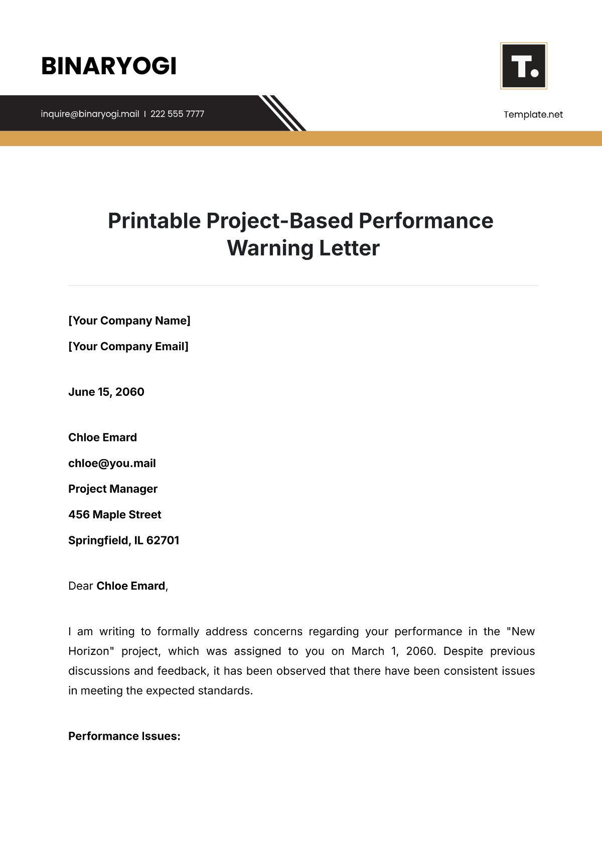 Printable Project-Based Performance Warning Letter Template - Edit Online & Download