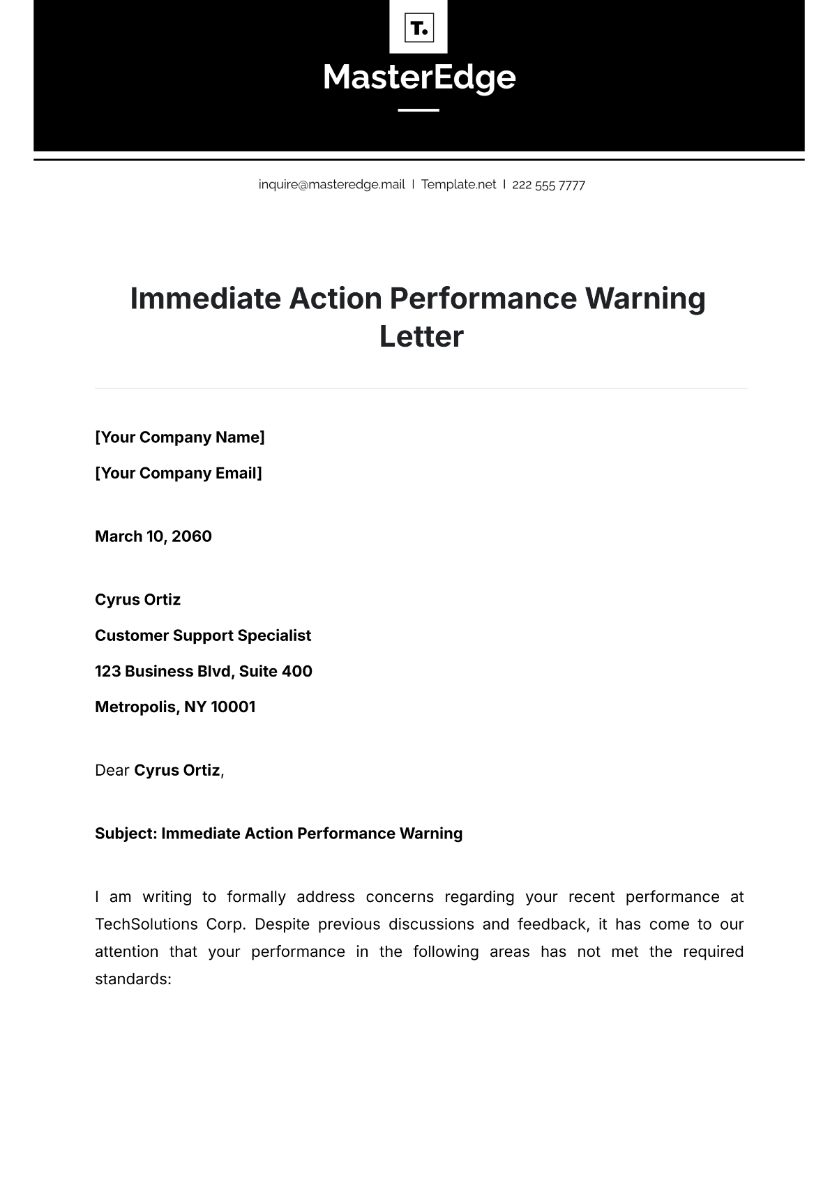 Immediate Action Performance Warning Letter Template - Edit Online & Download