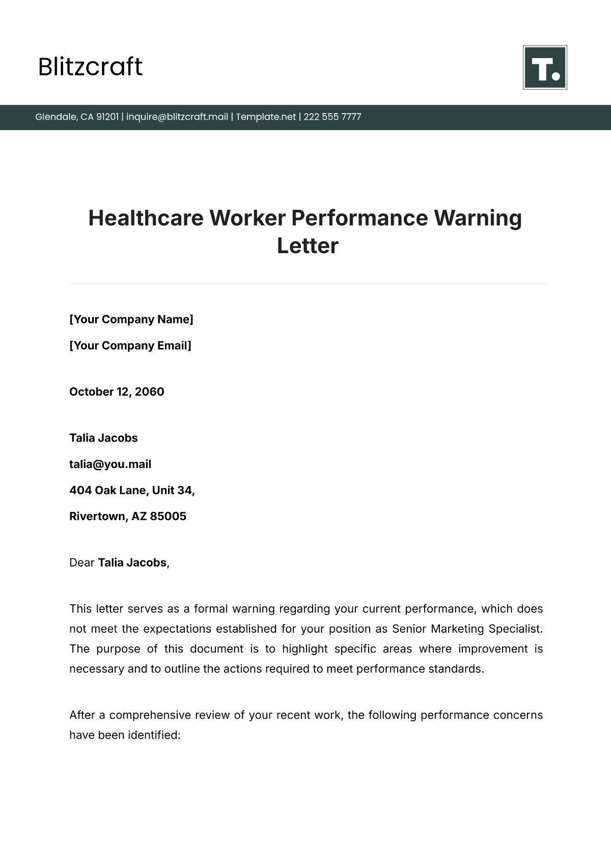 Healthcare Worker Performance Warning Letter Template - Edit Online & Download