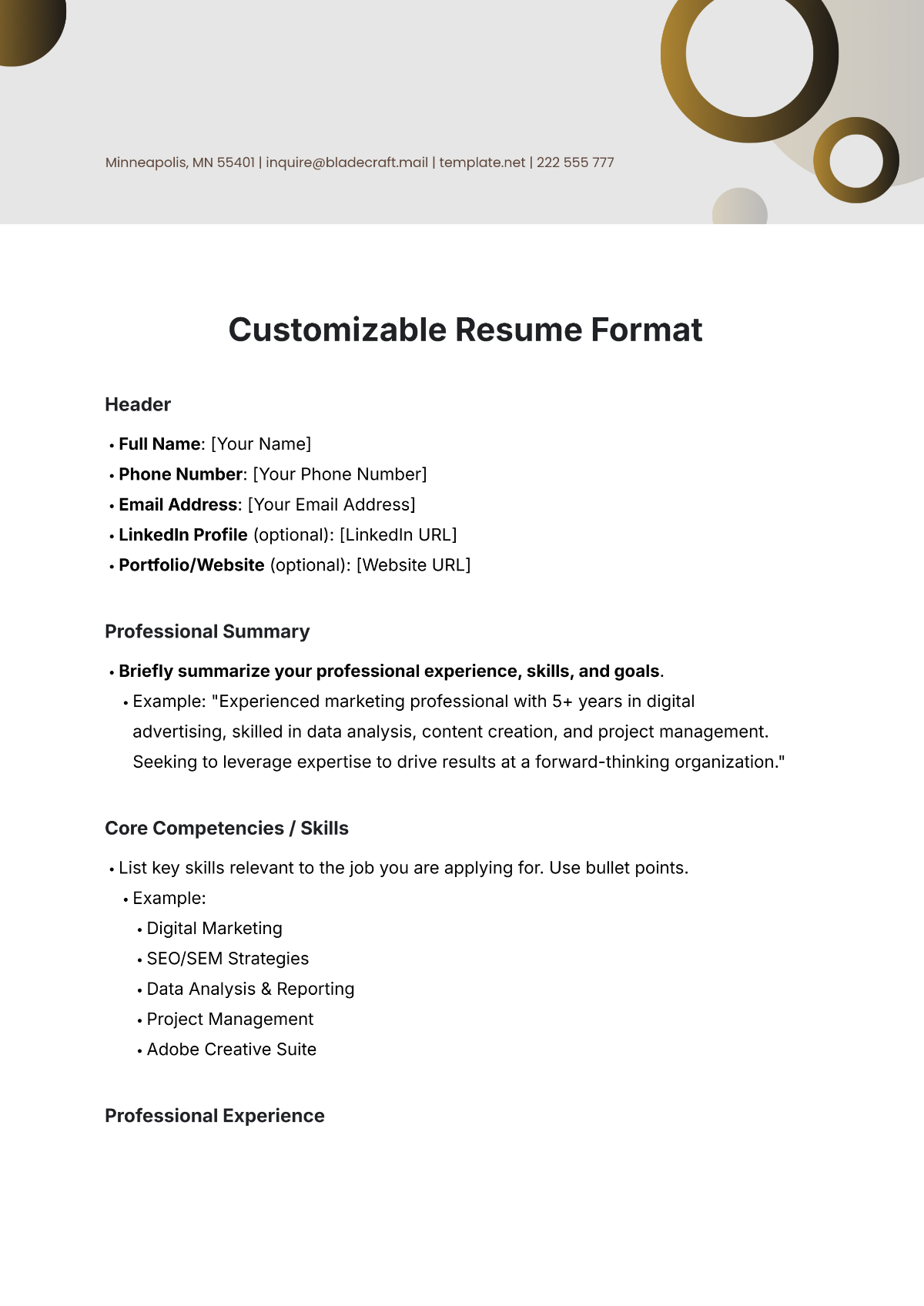 Customizable Resume Format Template - Edit Online & Download