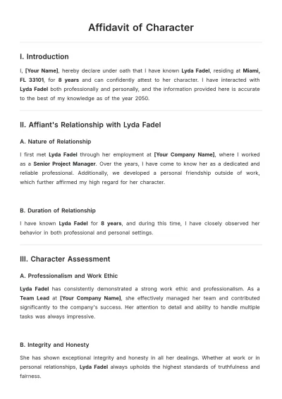 Free Sample Character Affidavit Template to Edit Online