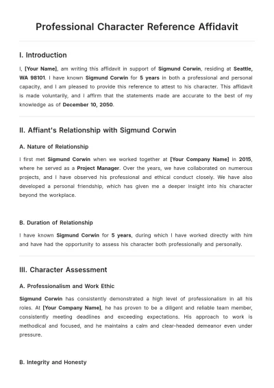 Free Professional Character Reference Affidavit Template to Edit Online
