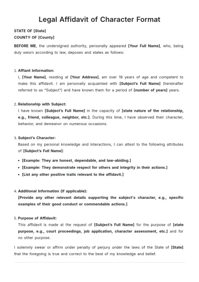 Free Legal Affidavit of Character Format Template to Edit Online