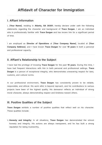 Free Affidavit of Character for Immigration Template to Edit Online