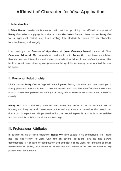 Free Character Affidavit for Visa Application Template to Edit Online