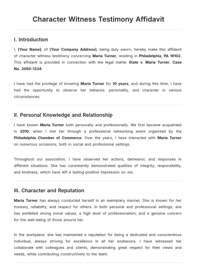 Free Character Witness Testimony Affidavit Template to Edit Online
