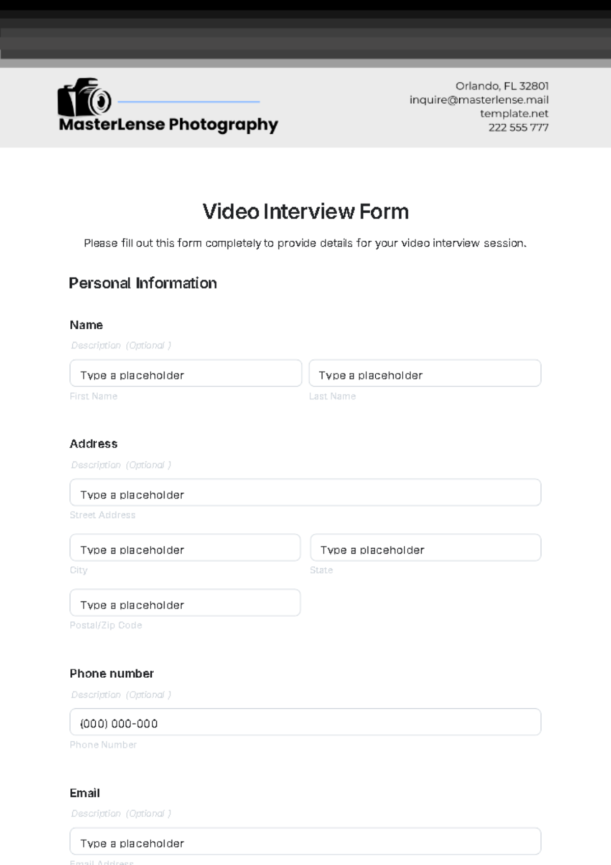 Video Interview Form Template