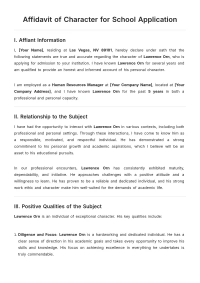 Free Affidavit of Character for School Application Template to Edit Online