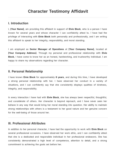 Free Character Testimony Affidavit Template to Edit Online