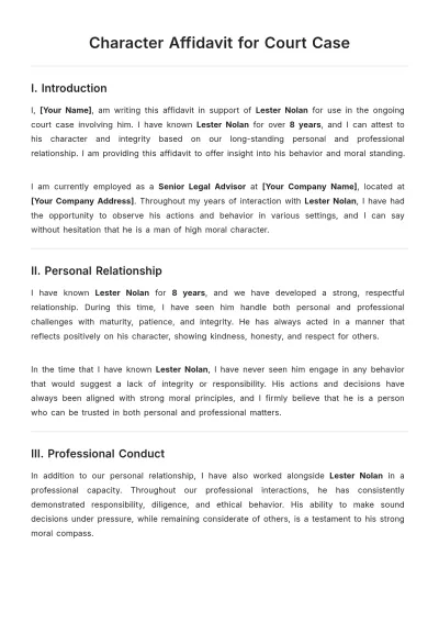 Free Character Affidavit for Court Case Template to Edit Online