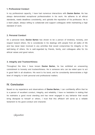 Free Affidavit of Good Conduct Template to Edit Online