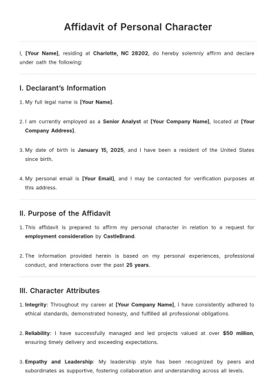Free Affidavit of Personal Character Template to Edit Online
