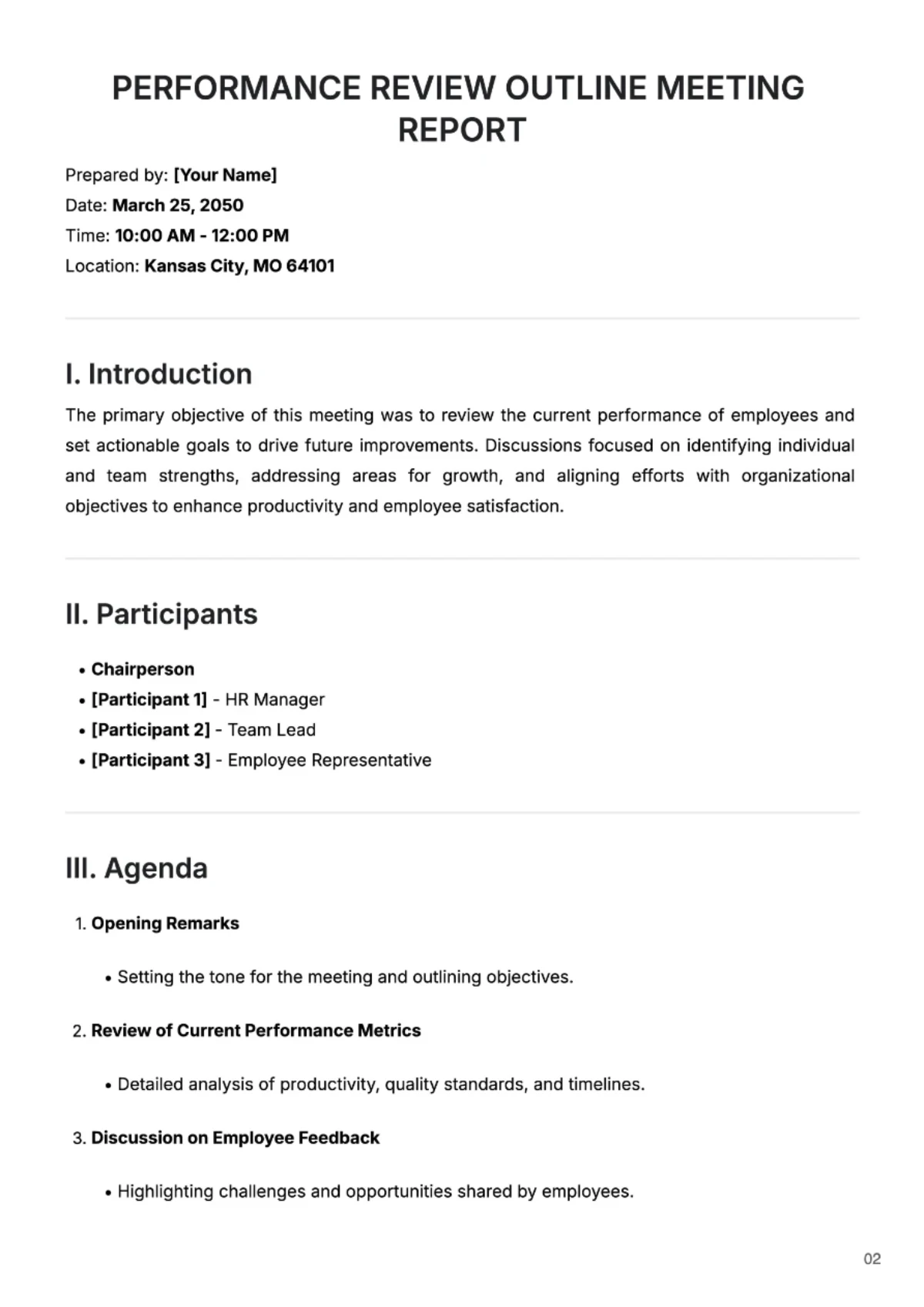 Free Performance Review Outline Meeting Report Template to Edit Online
