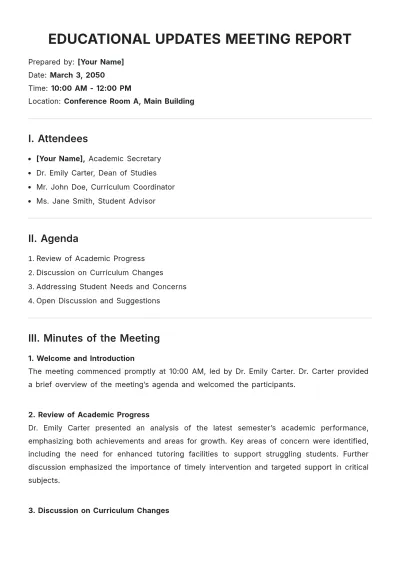 Free Educational Updates Meeting Report Template to Edit Online