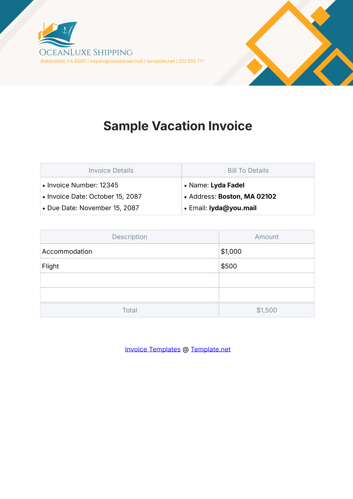 Sample Vacation Invoice Template - Edit Online & Download