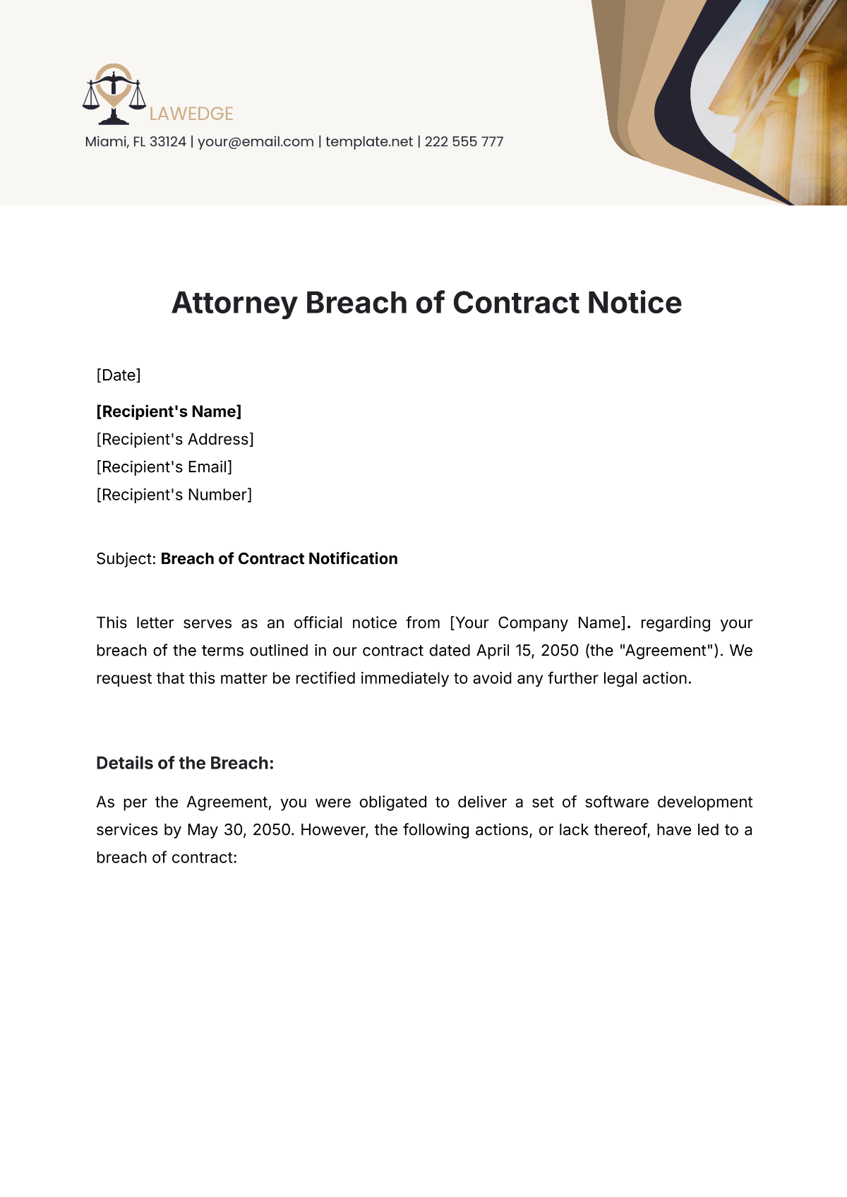 Attorney Breach of Contract Notice Template - Edit Online & Download