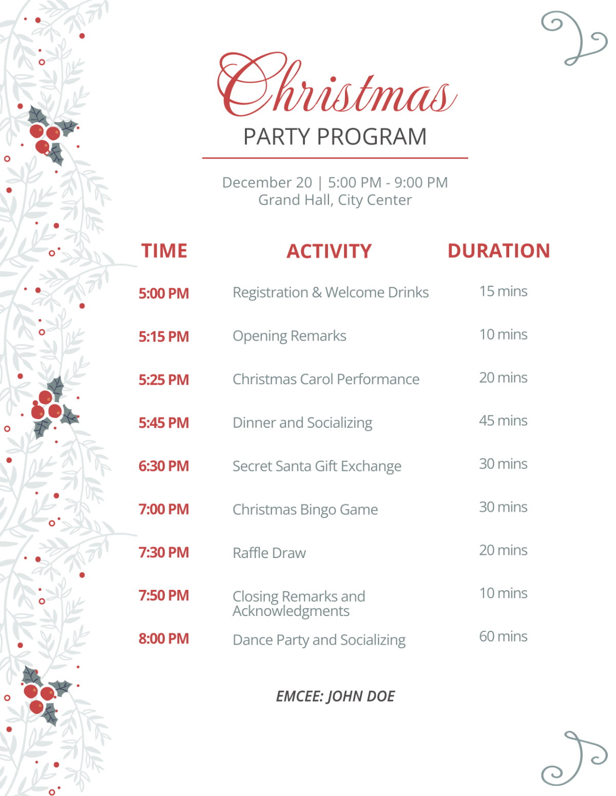 Free Christmas Party Program Sample Template - Edit Online & Download