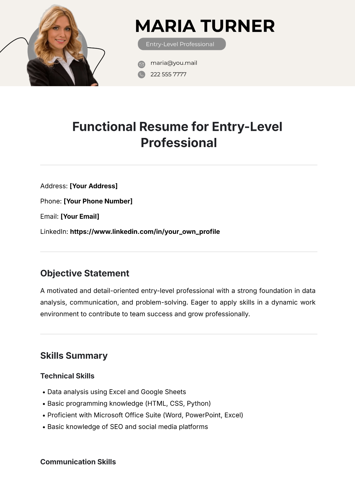 Functional Resume for Entry-Level Professional Template - Edit Online & Download