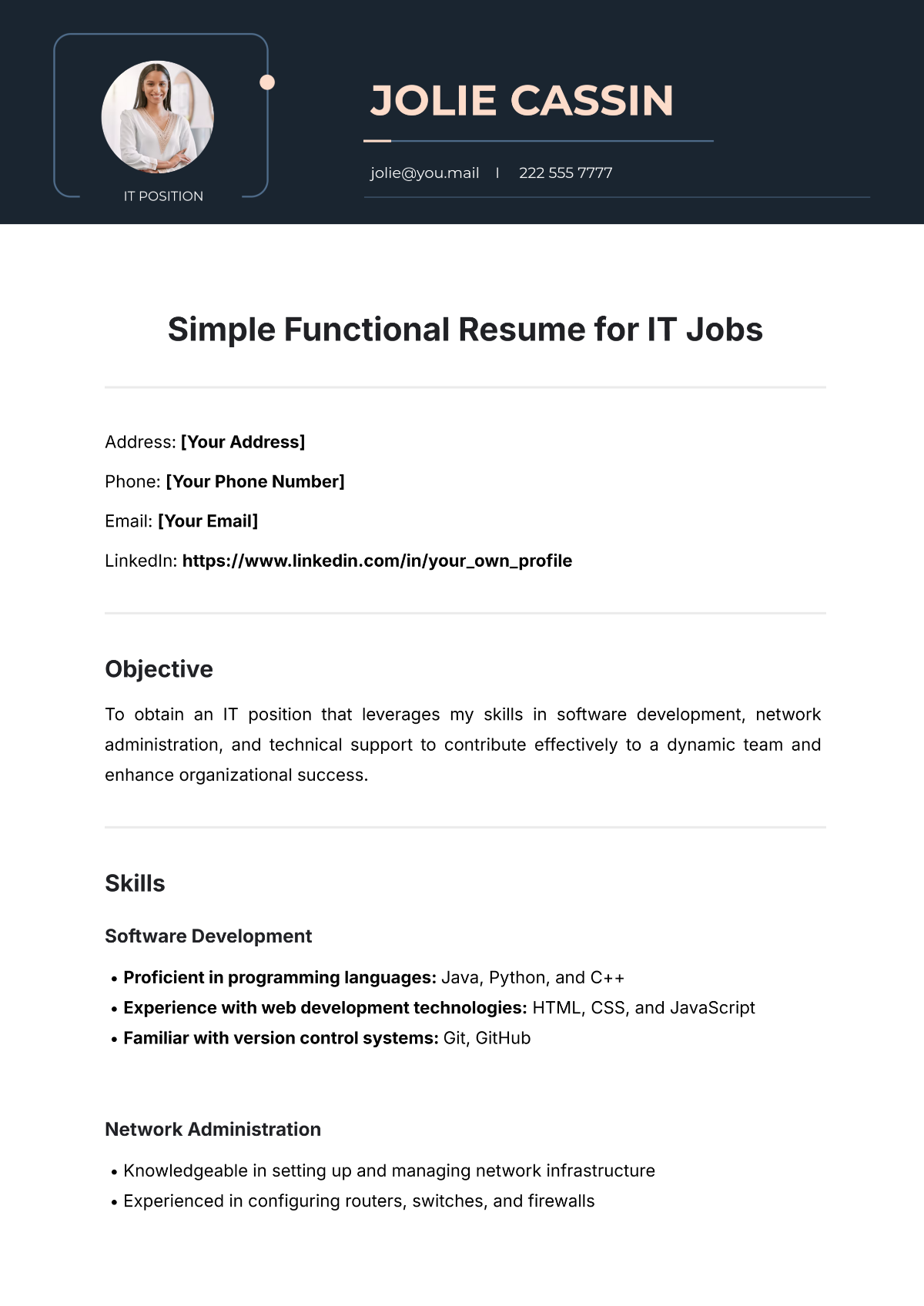 Simple Functional Resume for IT Jobs Template - Edit Online & Download