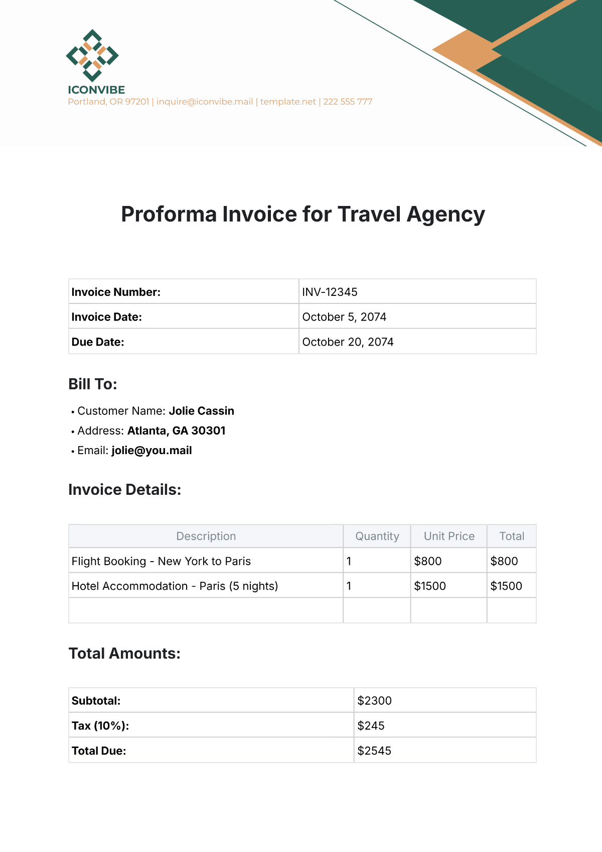 Proforma Invoice for Travel Agency Template - Edit Online & Download