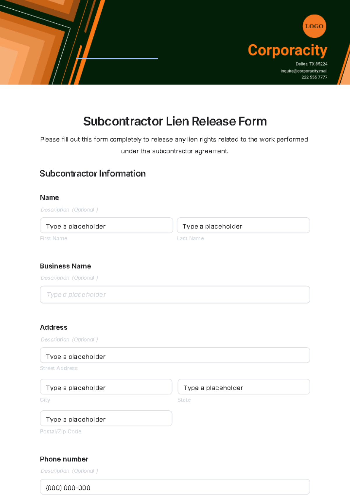 Subcontractor Lien Release Form Template