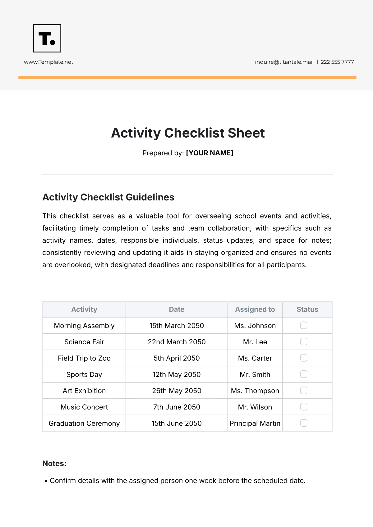 Activity Checklist Sheet Template - Edit Online & Download