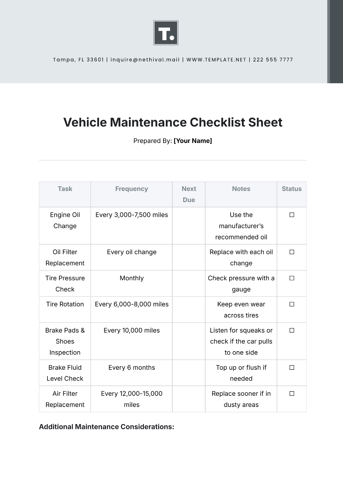 Vehicle Maintenance Checklist Sheet Template - Edit Online & Download