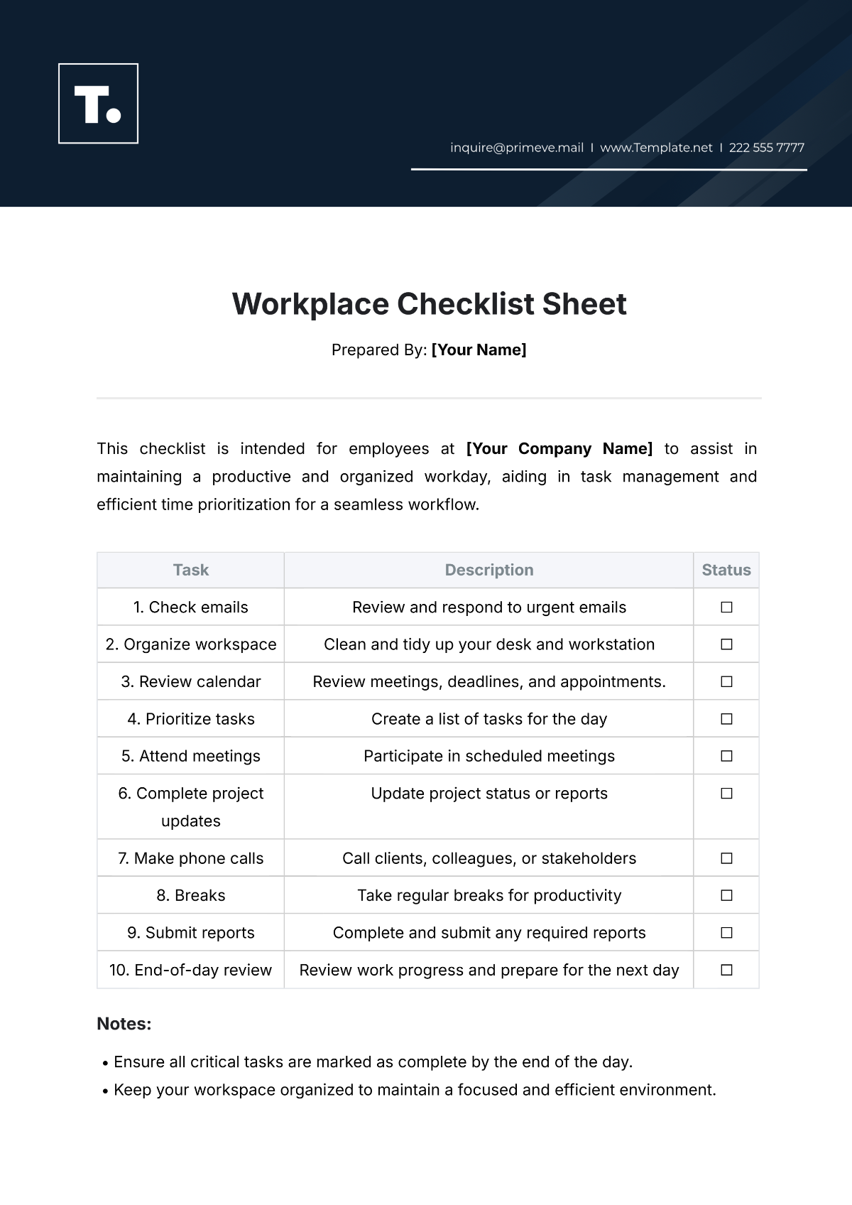 Free Workplace Checklist Sheet Template