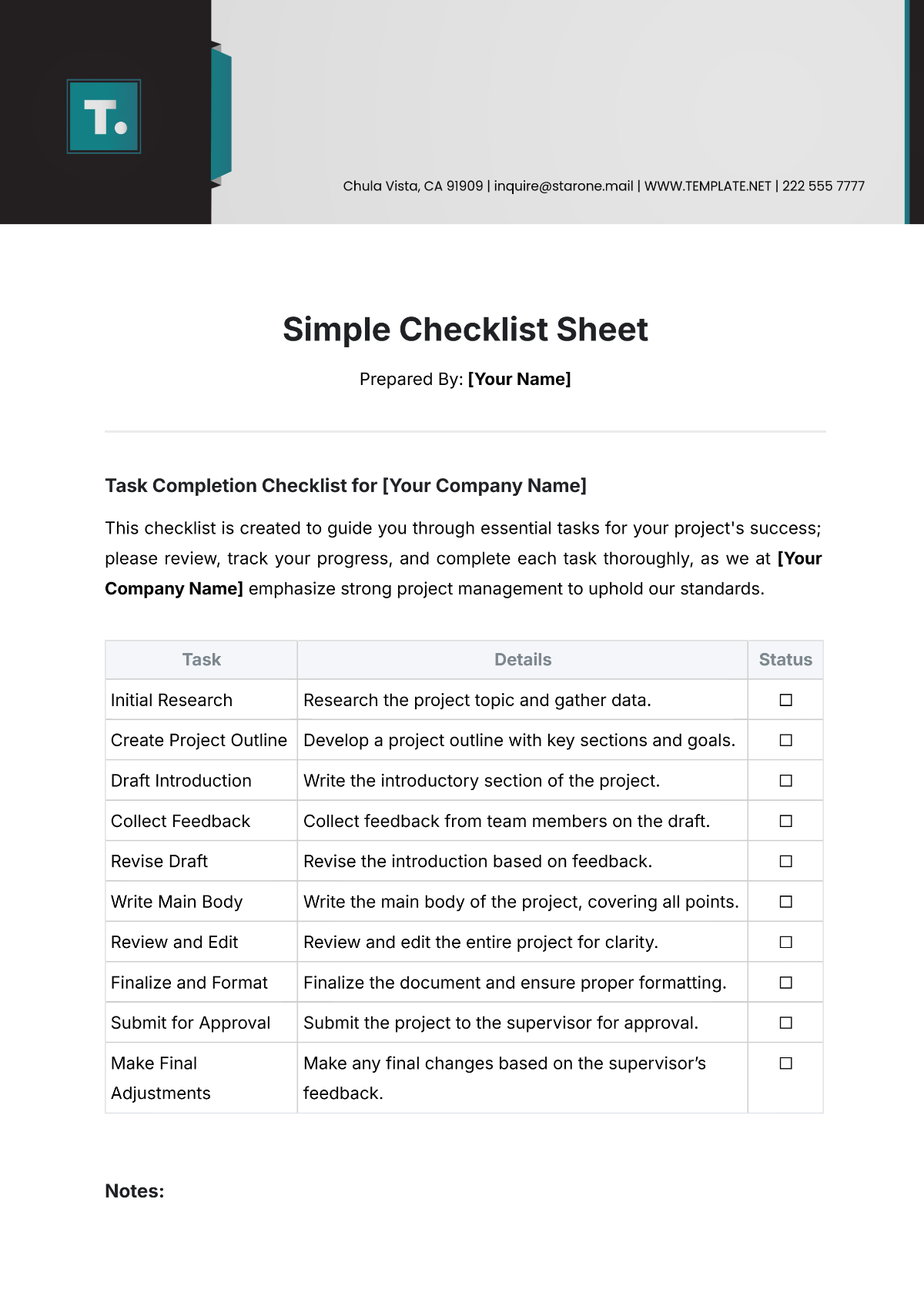 Simple Checklist Sheet Template - Edit Online & Download