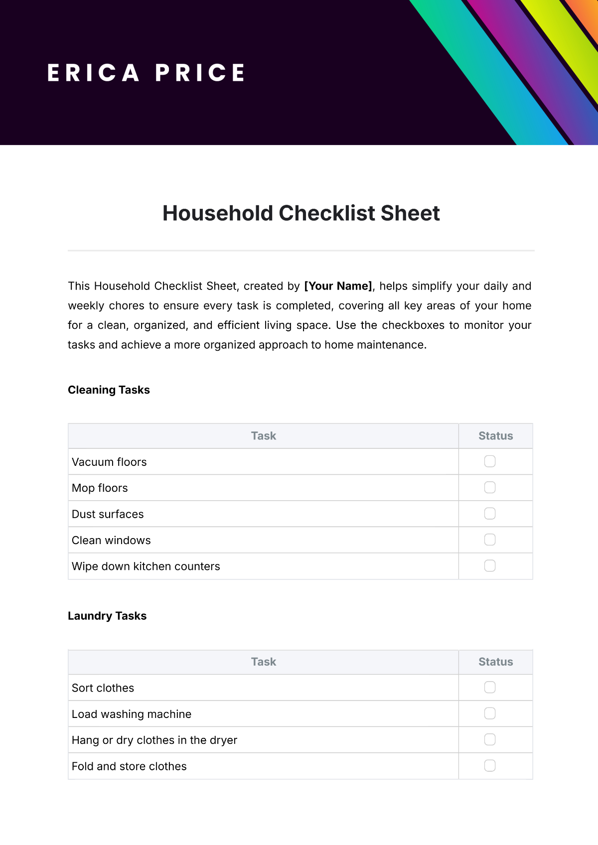 Household Checklist Sheet Template - Edit Online & Download