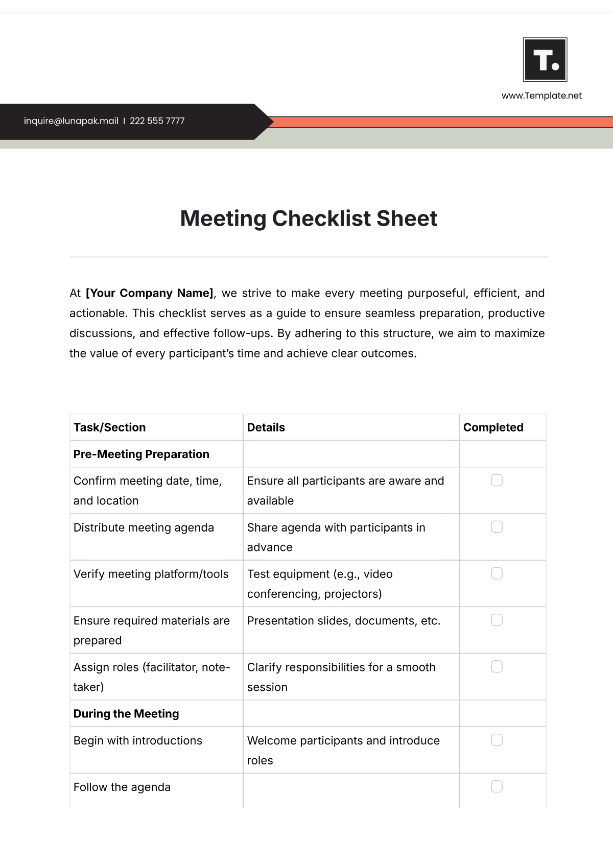 Meeting Checklist Sheet Template - Edit Online & Download