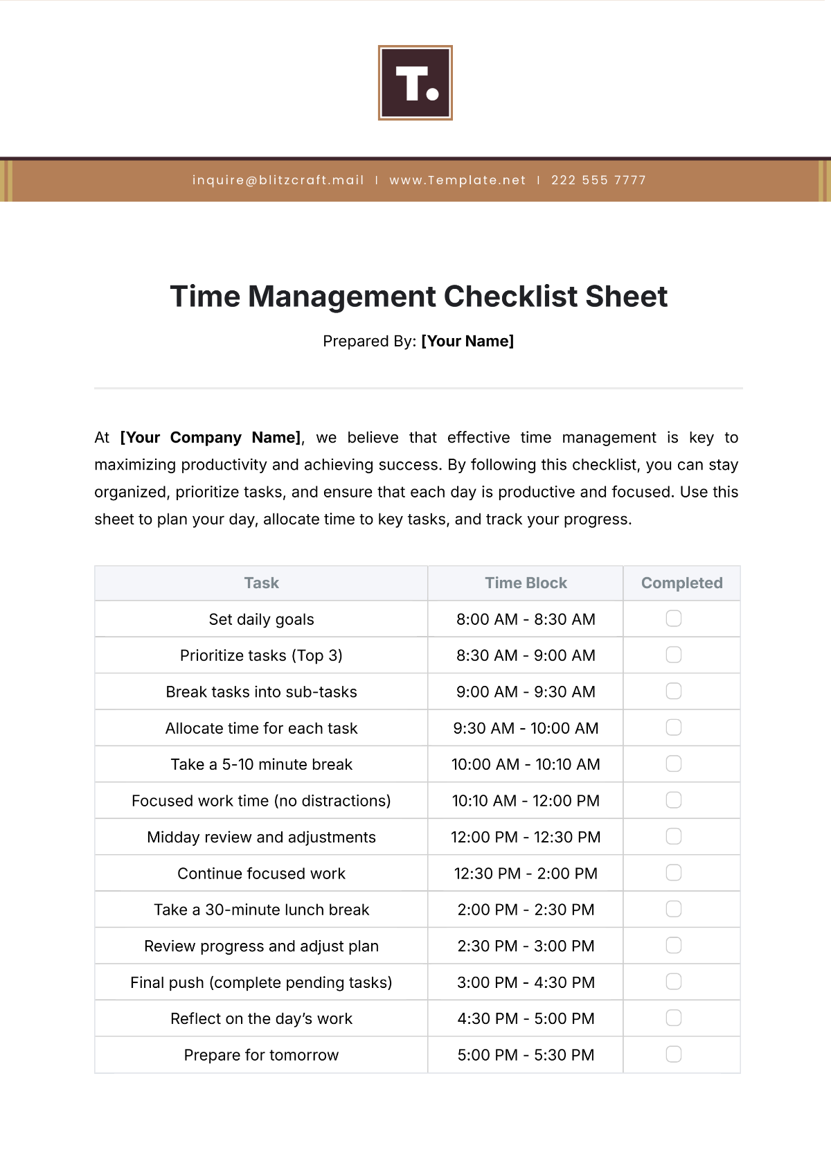 Time Management Checklist Sheet Template - Edit Online & Download