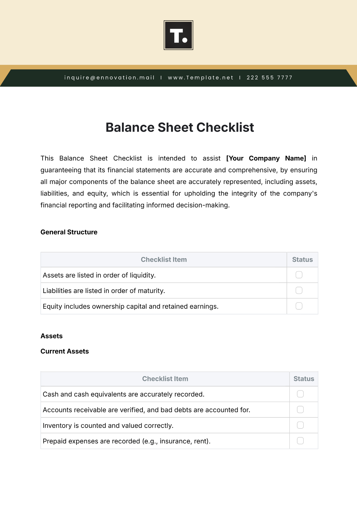 Balance Sheet Checklist Template - Edit Online & Download