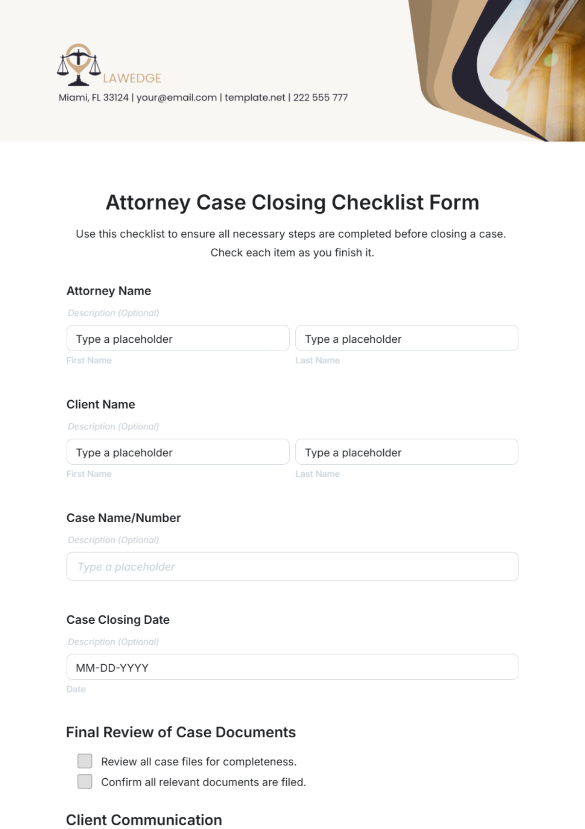 Attorney Case Closing Checklist Form Template