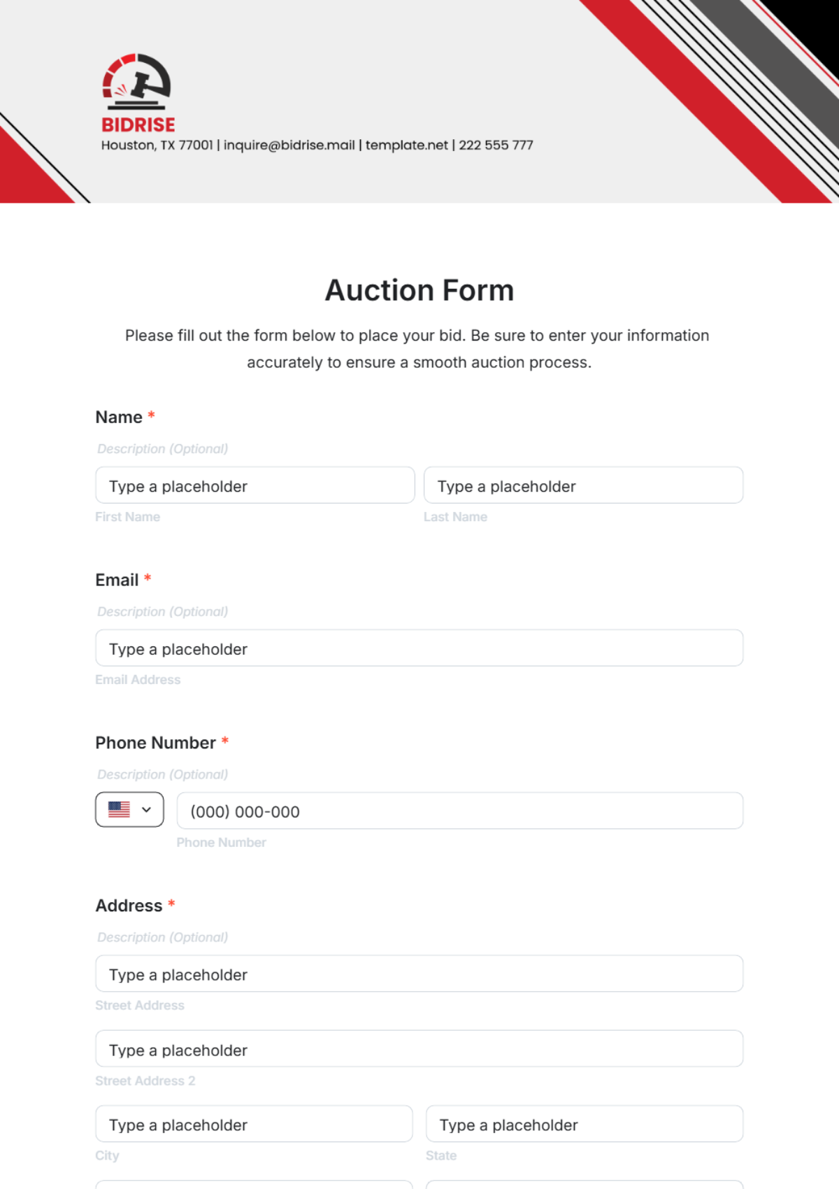 Free Auction Form Template - Edit Online & Download | Template.net