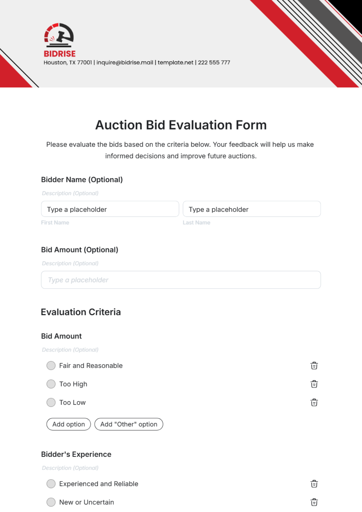 Auction Bid Evaluation Form Template