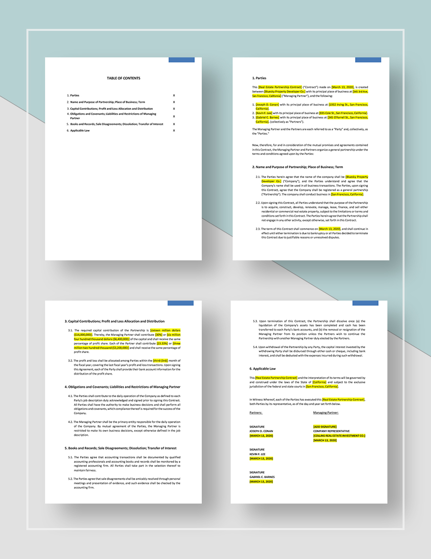 Real Estate Partnership Contract Template